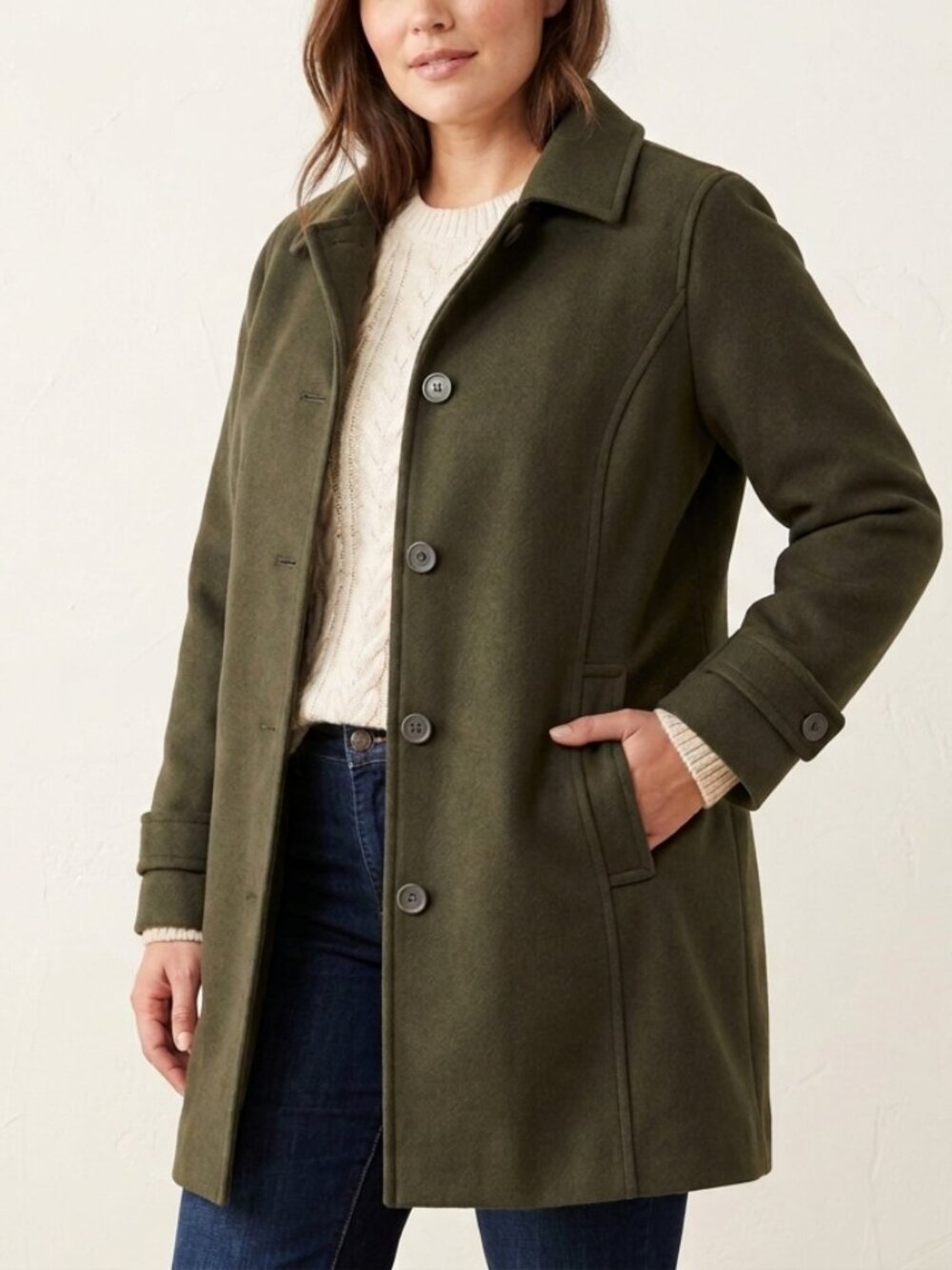 LL Bean Forest Green 100% Lambswool Three Quarter Car Coat Size 14 Regular